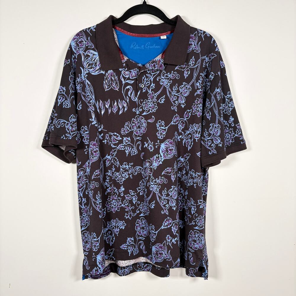 Men's Robert Graham Brown Floral Print Short Sleeve Collared Polo Top T Shirt